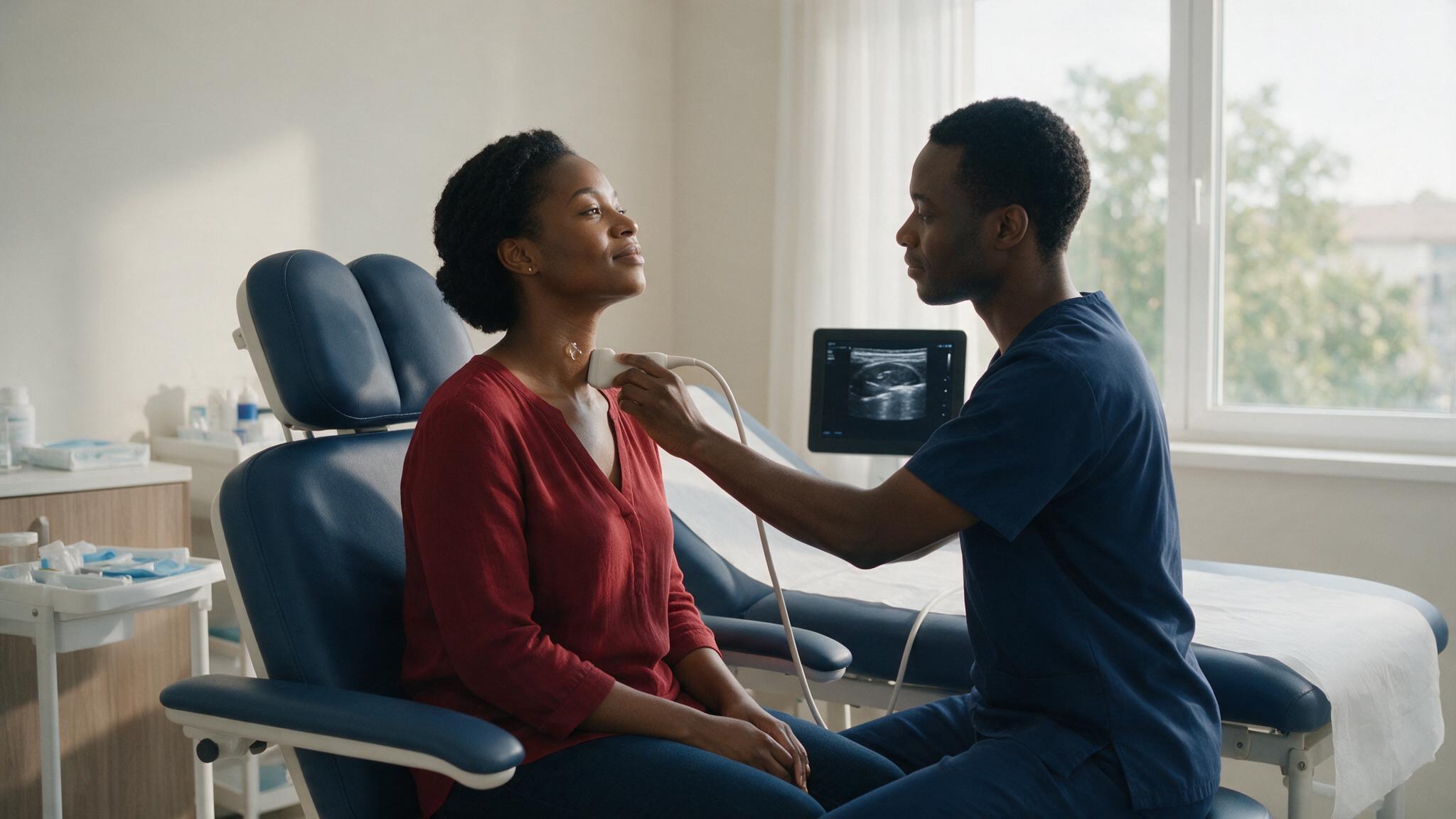 A clinician performing a thyroid ultrasound