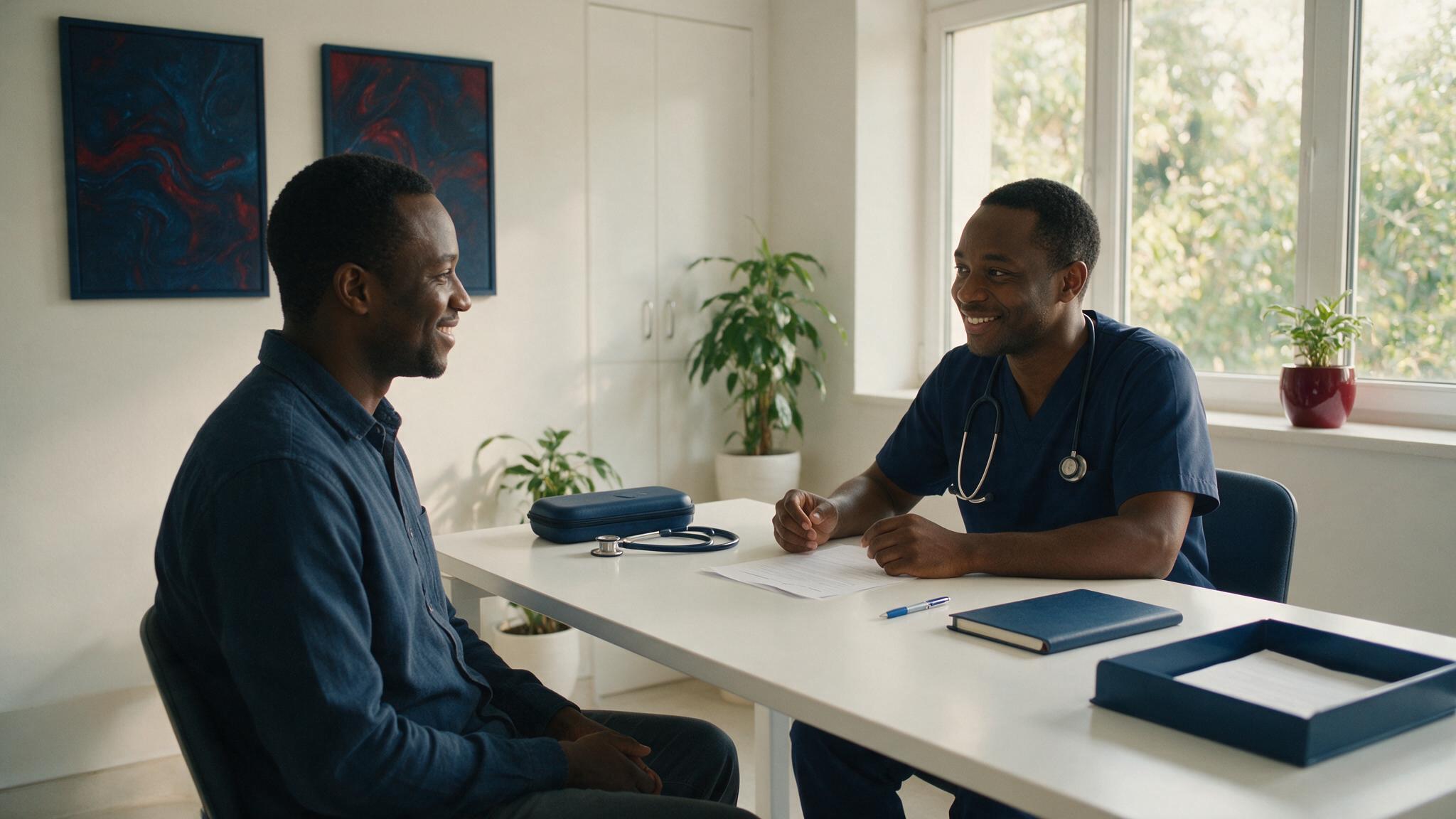 A male patient in consultation with a clinician