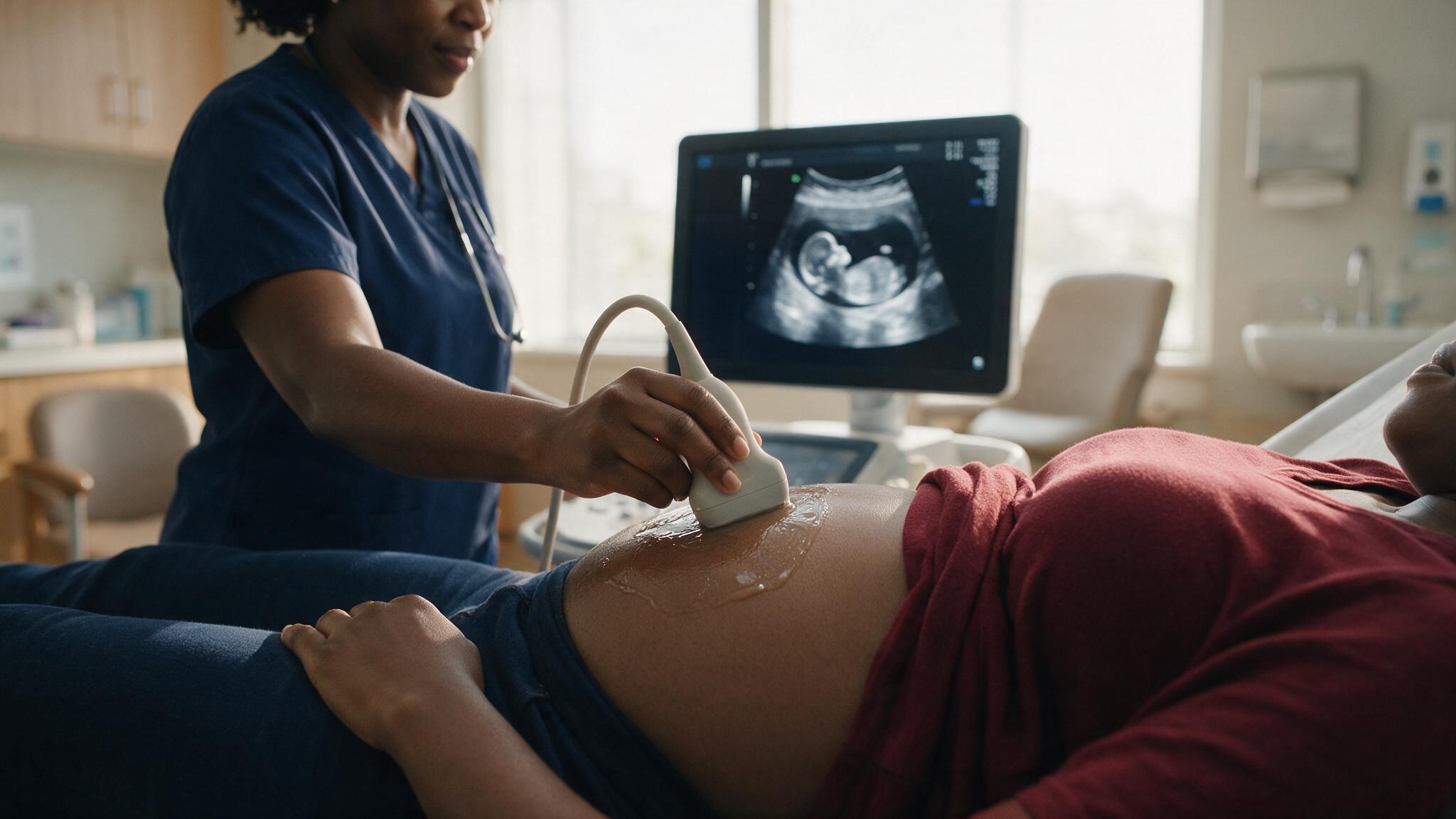 Close-up of an ultrasound probe on a pregnant belly