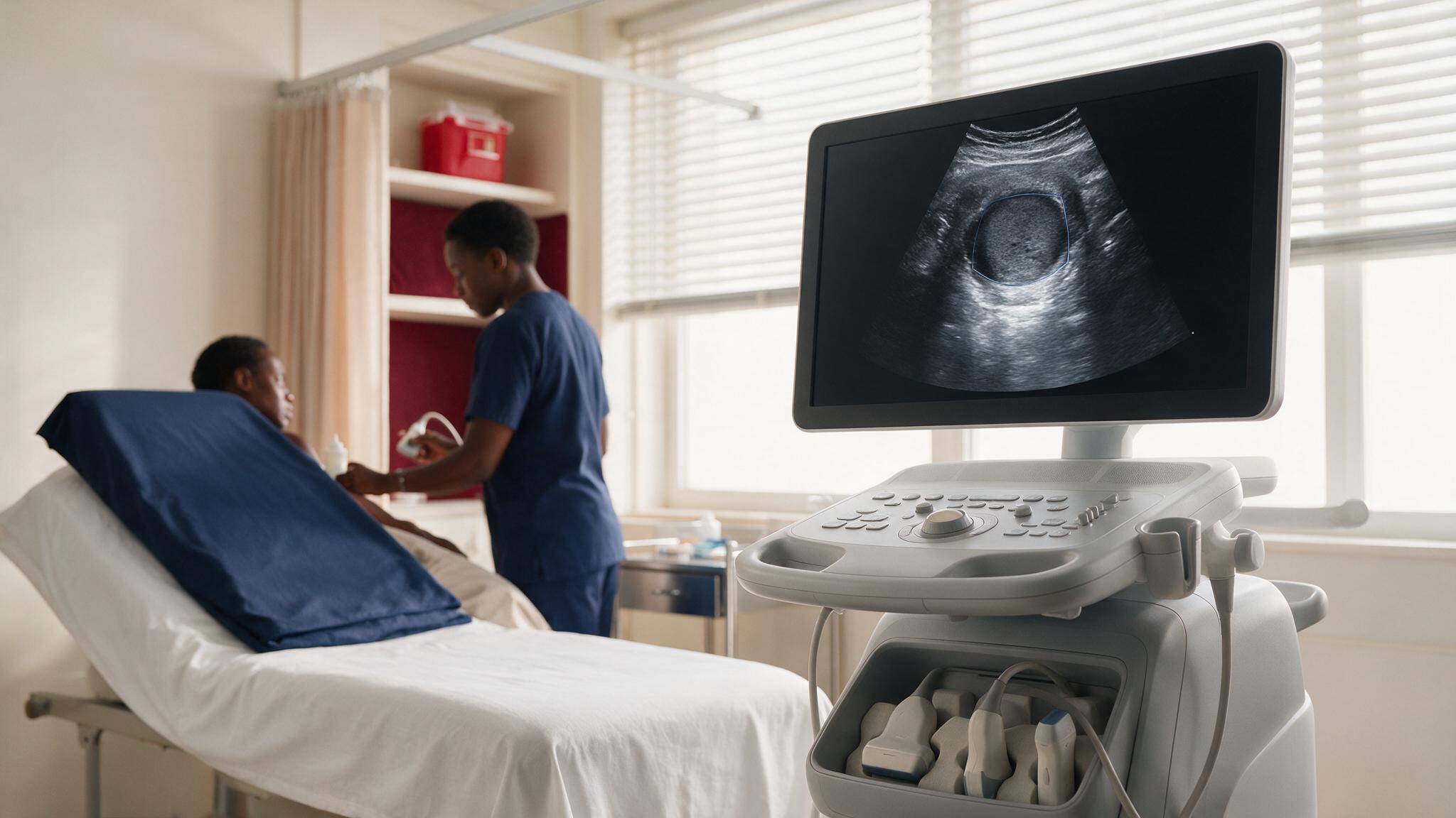 A modern ultrasound machine in a clean exam room