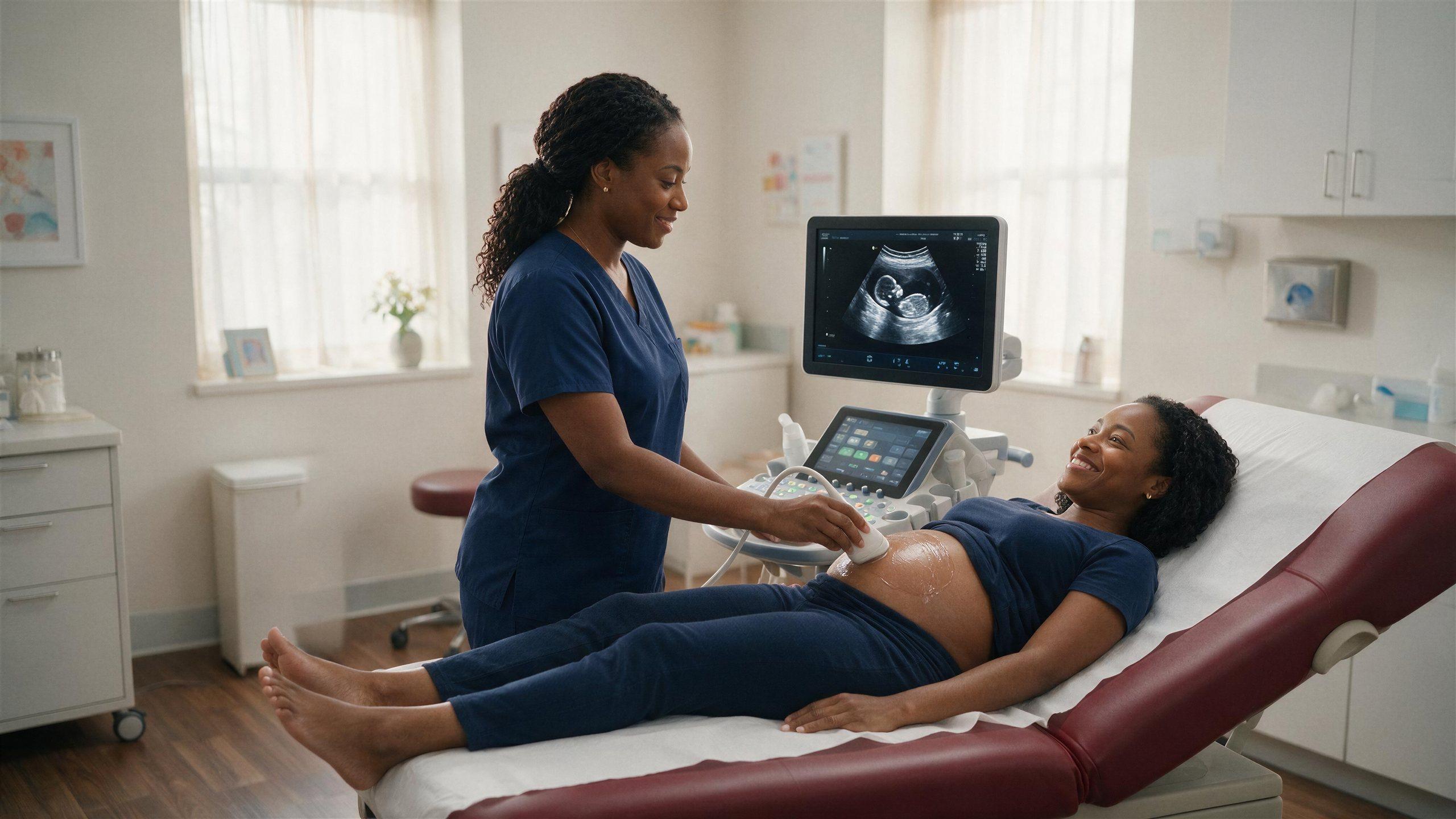 A caring sonographer performing an ultrasound scan on a smiling patient